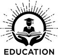 Black and White Logo of Hands Holding Open Book with Graduate Silhouette education Royalty Free Stock Photo
