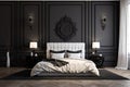 Black and white luxury bedroom interior with double bed on wooden floor and two lamps on bedside tables Royalty Free Stock Photo