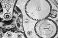 Black and white macro photo close-up view of metal clockwork Royalty Free Stock Photo