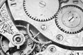 Black and white macro photo close-up view of metal clockwork Royalty Free Stock Photo