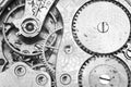 Black and white macro photo close-up view of metal clockwork Royalty Free Stock Photo