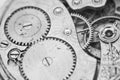 Black and white macro photo close-up view of metal clockwork Royalty Free Stock Photo