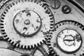 Black and white macro photo close-up view of metal clockwork Royalty Free Stock Photo