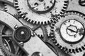 Black and white macro photo close-up view of metal clockwork Royalty Free Stock Photo