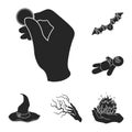 Black and white magic black icons in set collection for design. Attributes and sorceress accessories vector symbol stock