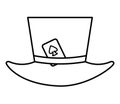 Black and white magician hat with playing card. Vector circus outline clipart. Wizard or juggler equipment line icon. Cute funny