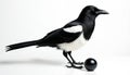 Black, white magpie bird stands beside black sphere against clean white backdrop. Avian creature distinct feather patterns, sharp Royalty Free Stock Photo