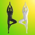 Black and white male mannequins stand in a heron pose on a yellow green background. Front view. 3d rendering