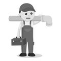 Black and white male plumber holding a giant pipe Royalty Free Stock Photo