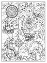 Black and white marine illustration of map with mermaid, islans, continent, ship, compass and sea monsters Royalty Free Stock Photo