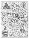 Black and white marine illustration of old map with rider, compass, sailboat and fantasy land with islands