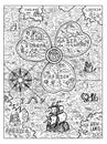 Black and white marine illustration of old map of the world with wind rose and sailboat or ship