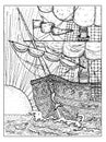 Black and white marine illustration with old sailing ship or sailboat and rising sun