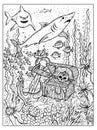 Black and white marine illustration with treasure chest on sea bottom, sharks and old anchor