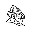 Wizard Warlock or Sorcerer with Three Stars Mascot Black and White Royalty Free Stock Photo