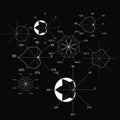 Black and white mathematical pattern with graphs in shape of botanical objects in vector.