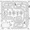 Black and white maze game for kids. Help the boar find the way to the forest