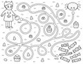 Black and white maze game for kids. Help a cute boy in devil costume find path to the sweets