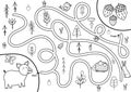 Black and white maze game for kids. Help cute pig find the way to the acorns