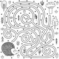 Black and white maze game for kids. Help the hedgehog find the way to the mushroom
