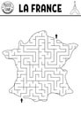 Black and white maze for kids with map of France. French preschool printable line activity for children. Geometric labyrinth game