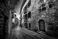 Black and white medieval old town street with stone houses and cobblestone floor, street lamps and dark and night atmosphere