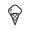 Black and white melting ice cream balls in the waffle cone isolated on white background. Vector flat line icon. Royalty Free Stock Photo
