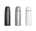 Black and white metal thermos. Realistic vector mockup.