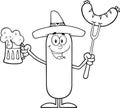 Black And White Mexican Sausage Cartoon Character Holding A Beer And Weenie On A Fork