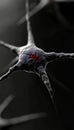 Black and white microscopic image, single neuron connection, central nervous system, 3D render.
