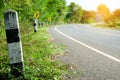 Black and white milestones with green grass roadside, Trees road