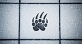 Black and white minimalist bear paw print graphic with symmetrical dot pattern on light grey grid background Royalty Free Stock Photo