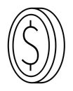 Black and White Minimalist Outline of a Coin with Dollar Sign, Rotated on Its Axis