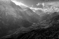 Black and white misty mountains. Marsyangdi mountain river valley. Morning in Himalayas, Nepal, Annapurna conservation area Royalty Free Stock Photo