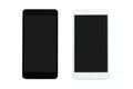 Black and white mobile phones with dark screens, isolated on white background. Advertise template, copy space