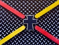 This black white modern view shows a cross in the center with crisscross bright pointers in yellow & red.