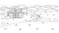 Black white monochrome cartoon doodle vector cute summer or spring farm in countryside. Red barn, fence, fields and trees, bushes