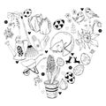 Black and white monochrome heart with different gardening tools, eggs and flowers