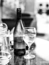 Black and White Monochrome Image of a Glass of White wine Next T Royalty Free Stock Photo