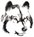 Black and white monochrome painting with water and ink draw wolf illustration