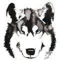 Black and white monochrome painting with water and ink draw wolf illustration