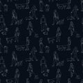 Black and white monochrome seamless pattern with many people walking with dogs. Line art.