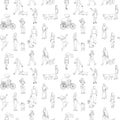 Black and white monochrome seamless pattern with many walking and standing people in summer clothes. Line art