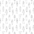 Black and white monochrome seamless pattern with many walking and standing people in warm clothes. Line art Royalty Free Stock Photo