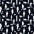 Black and white monochrome seamless pattern with silhouettes of many people walking with dogs.