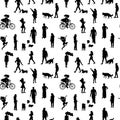 Black and white monochrome seamless pattern with silhouettes of many walking and standing people in summer clothes