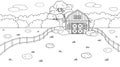 Black white monochrome Summer or spring farm concept in countryside. Cartoon doodle vector cute Red barn, fence and clouds, field