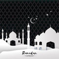 Black White Mosque Ramadan Kareem Greeting card with arabic arabesque pattern.