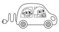 Black and white mother and baby driving electro car. Alternative transport line concept. Earth day illustration with family on