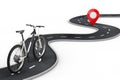 Black and White Mountain Bike Follow Over Winding Road to Destination Red Pin Target Pointer in the End of Road. 3d Rendering Royalty Free Stock Photo